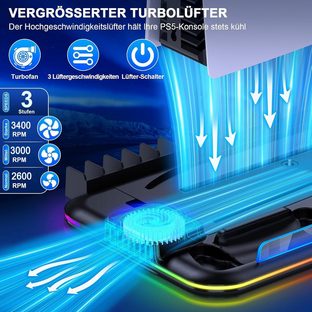 TOOMOKE PS5 Ständer mit 3 stufig Lüfter und RGB Licht Controller-Ladestation