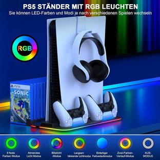 TOOMOKE PS5 Ständer mit 3 stufig Lüfter und RGB Licht Controller-Ladestation