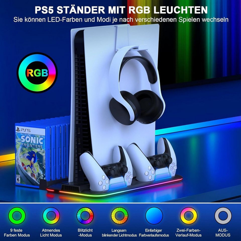 TOOMOKE PS5 Ständer mit 3 stufig Lüfter und RGB Licht Controller-Ladestation